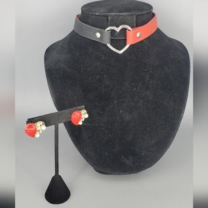 Heart Choker Faux Leather Necklace and Heart Earrings Set